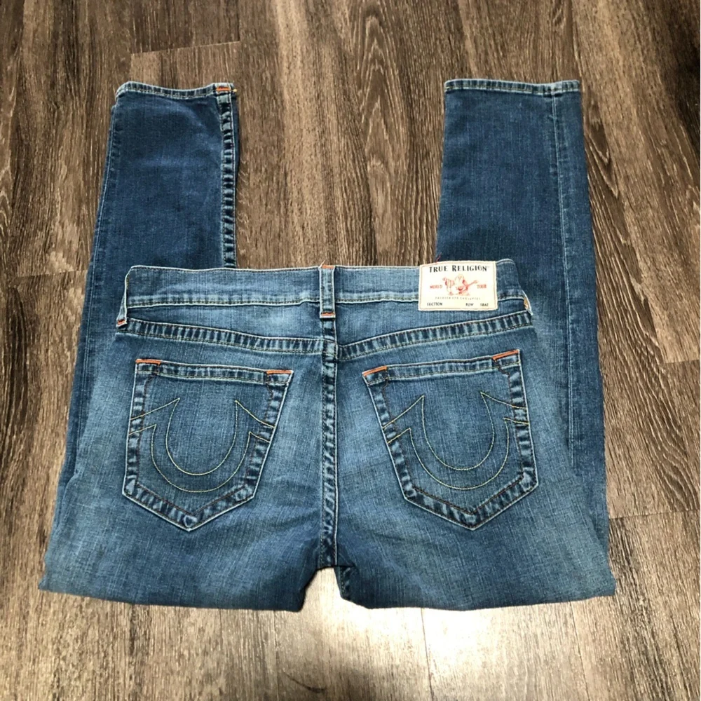 True Religion Rocco Relaxed Skinny Jeans Mens Size 34 Blue Medium Wash Stitch